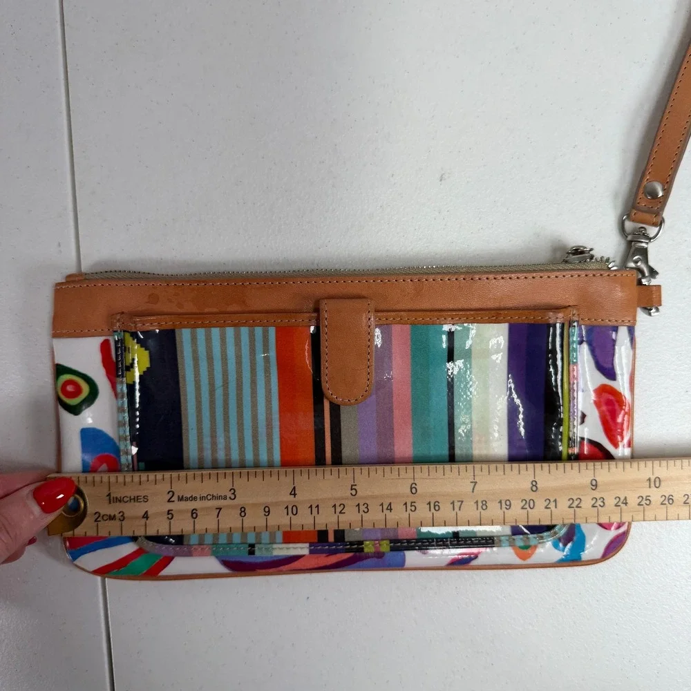 Consuela White Swirly Legacy Wristlet Clutch Wallet Floral Striped Leather Trim